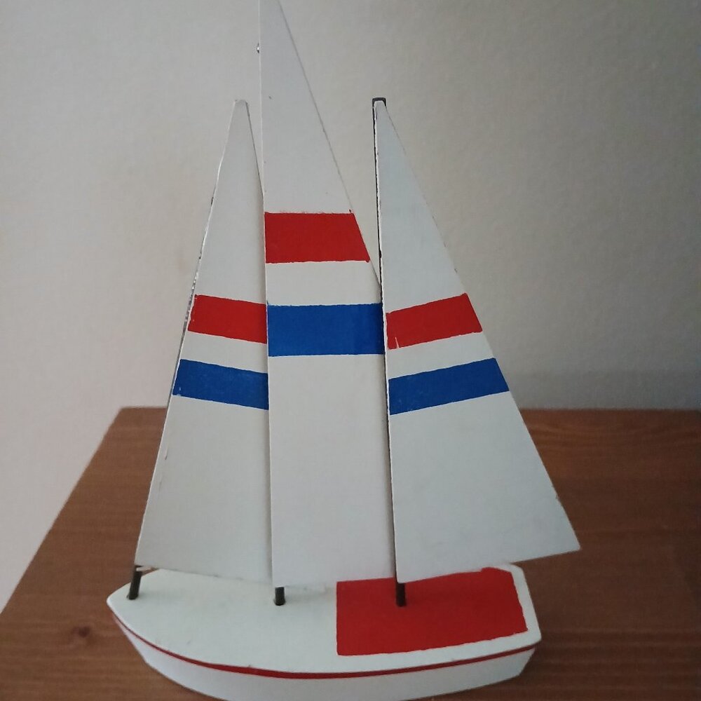 Wooden Sail boat blue, red, white 5.5"x 8"x1.5"
